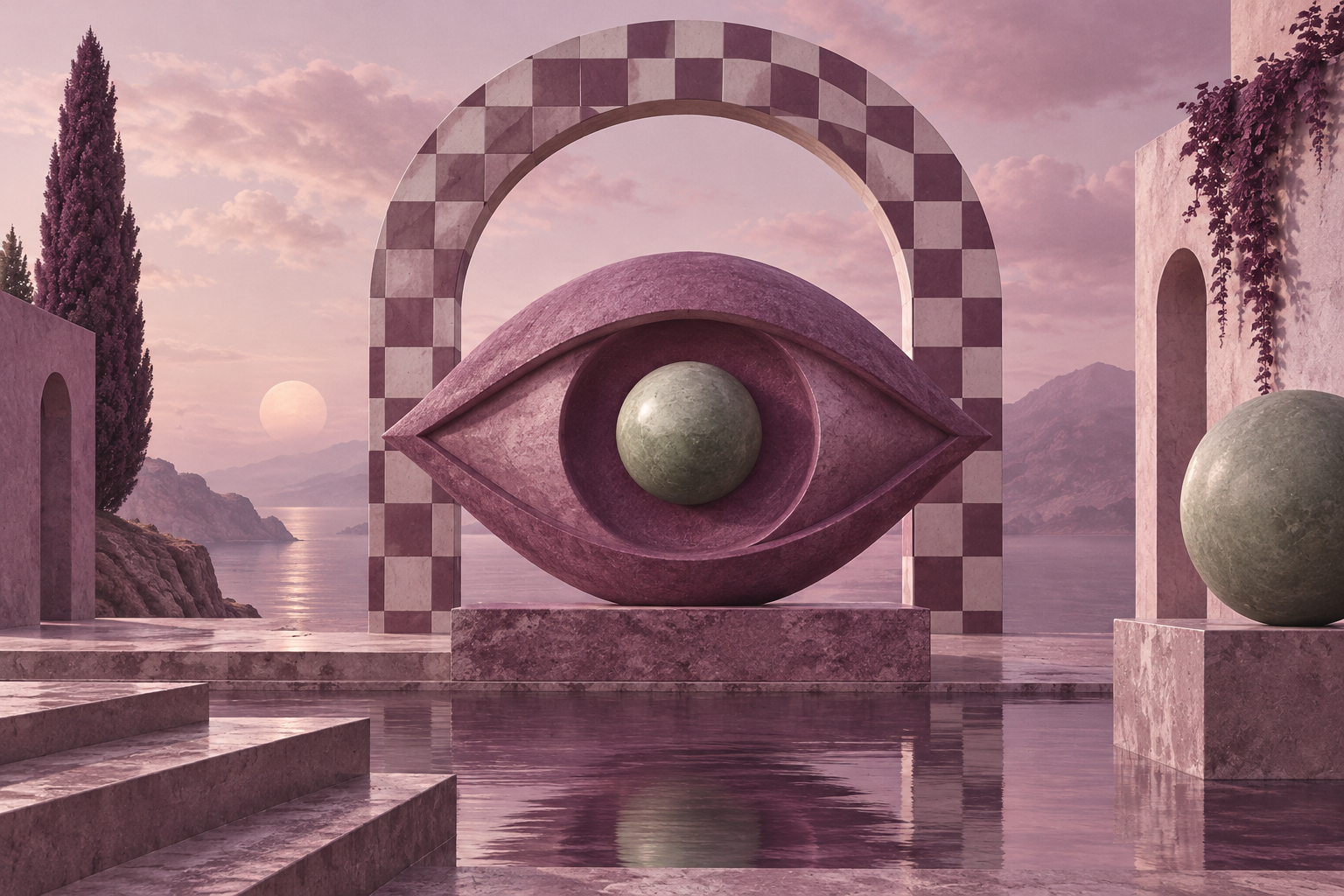 surreal magenta eye-shaped sculpture with checkerboard arch and sage sphere, sophisticated absurdist editorial art, no disturbing content